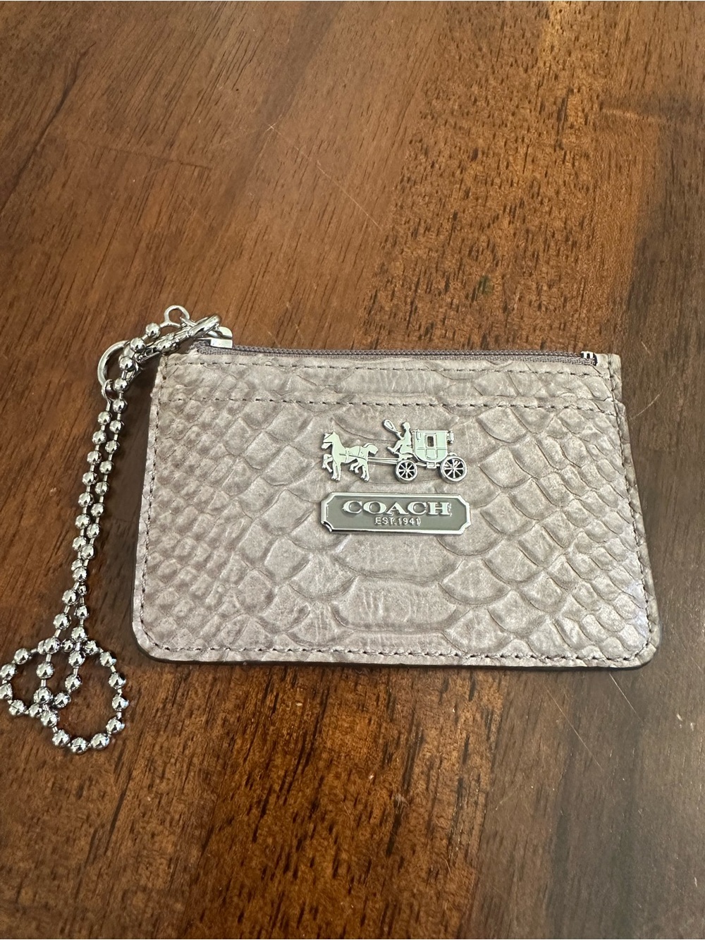 Coach Metallic Gray Embossed Leather Card Holder with Logo Plaque